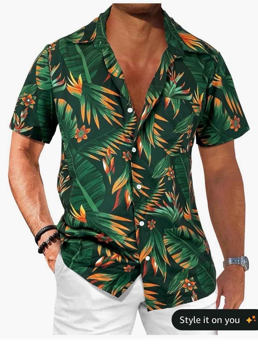 Men's Green Tropical Print Short-Sleeve Shirt